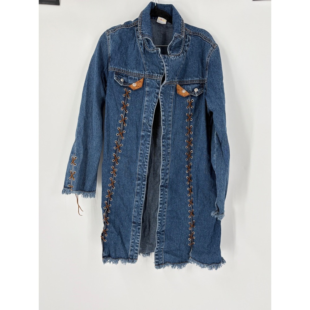 Ethyl Denim Duster Jacket Medium Wash Lace Up Frayed Hem Boho Western Size M